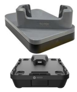Ethernet ShareCradle to charge one TC701 device. Sold Separately, USB-C Cable (CBL-EC5X-USBC3A-01), Country-specific 45W Power Supply Adaptor.